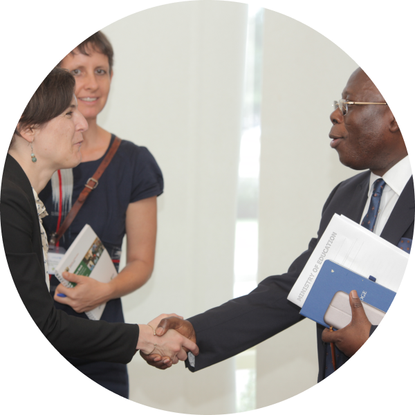 IPA Executive Director Annie Duflo (left) meets Mr. Enoch Cobbinah, Chief Director of Ghana's Ministry of Education. © 2018 Kojo Denanyoh