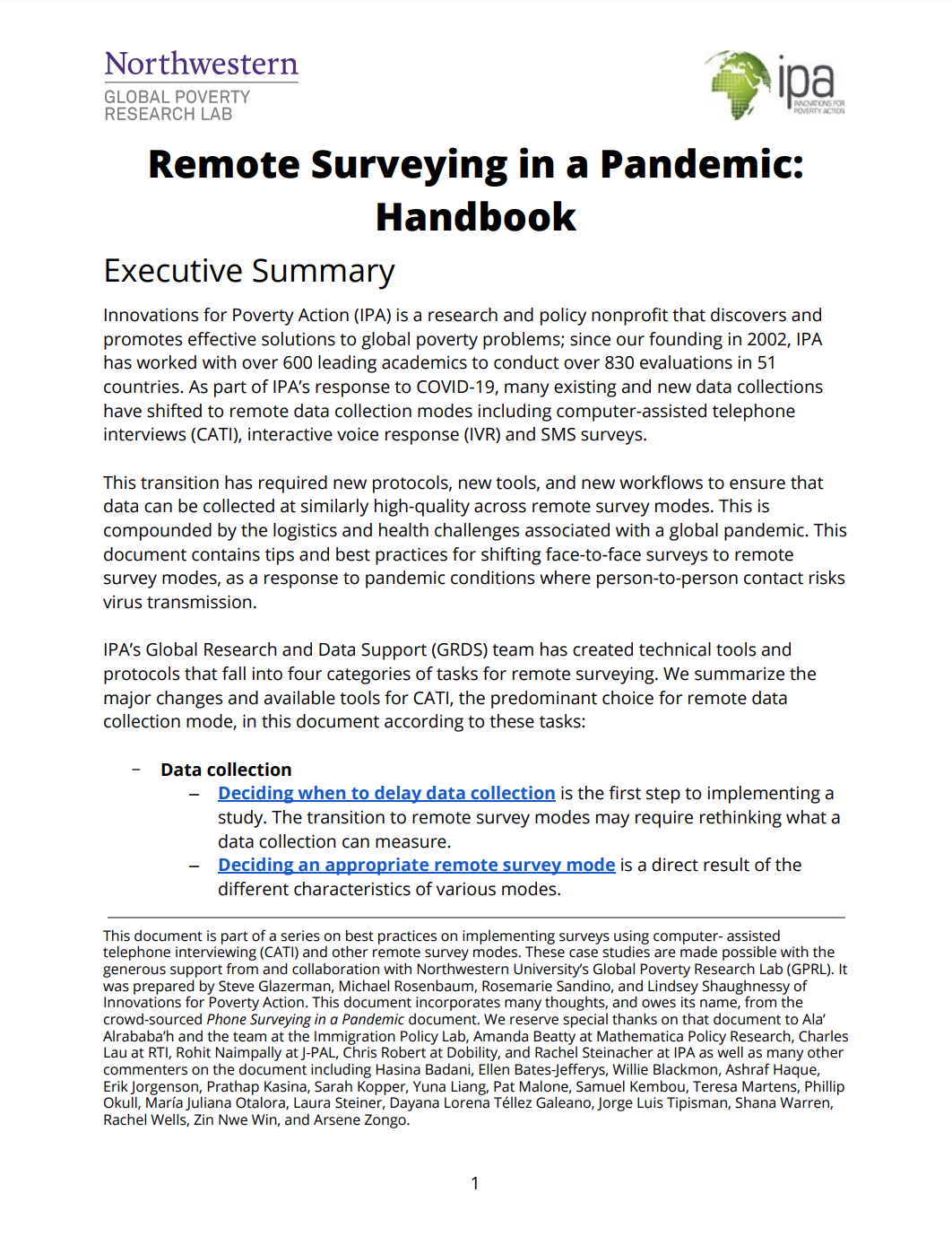 Remote Surveying in a Pandemic Handbook - Image of First Page of Document