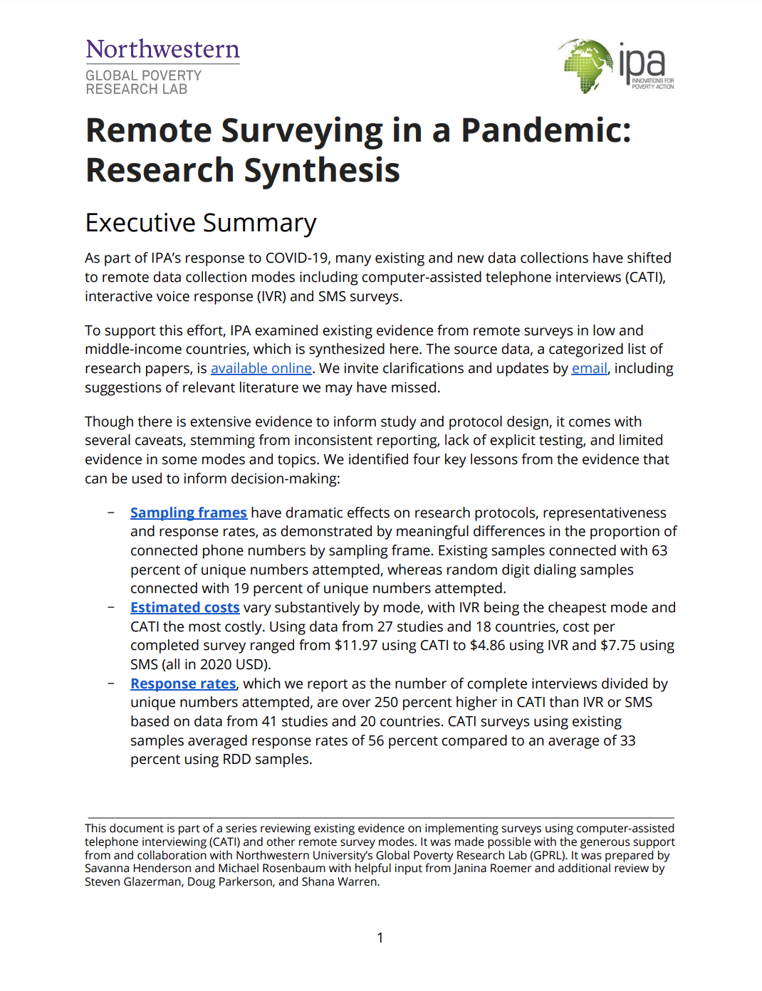 Síntesis de investigación de encuestas remotas en una pandemia - Imagen de la primera página del documento