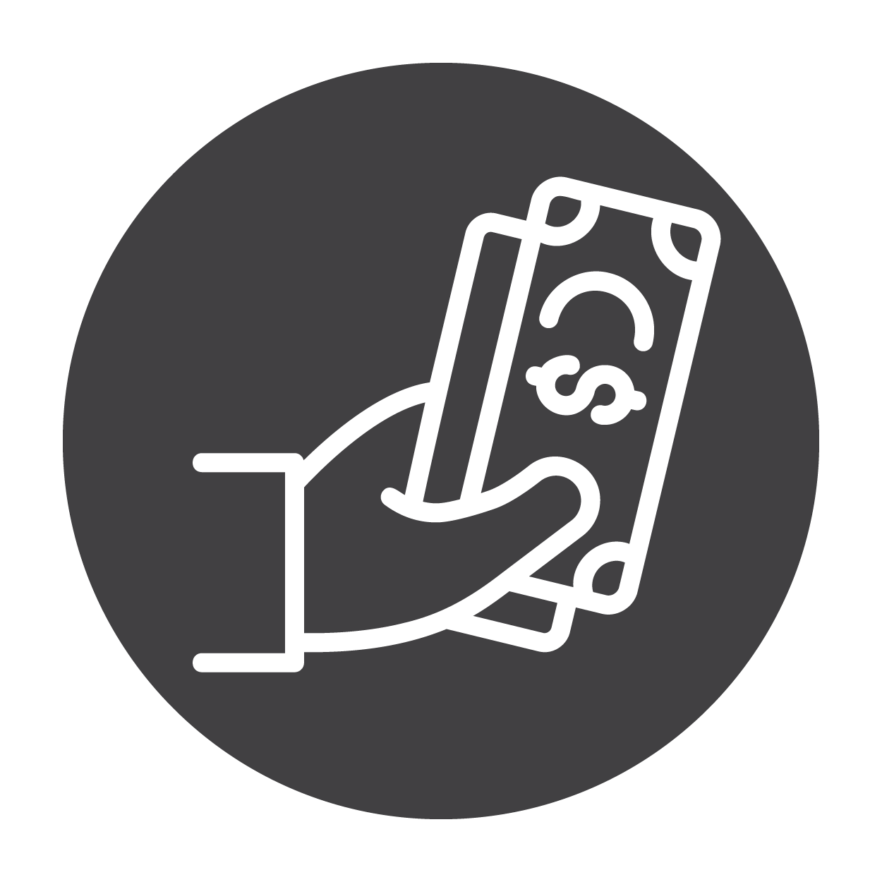 Icon in white of a hand holding cash on top of a charcoal gray circle