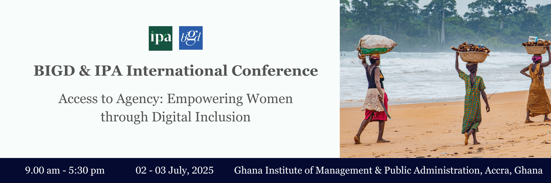 Banner image with the title, date, and location of the event, as well as a photo of women in Africa carrying baskets on their heads walking along the shore on a beach