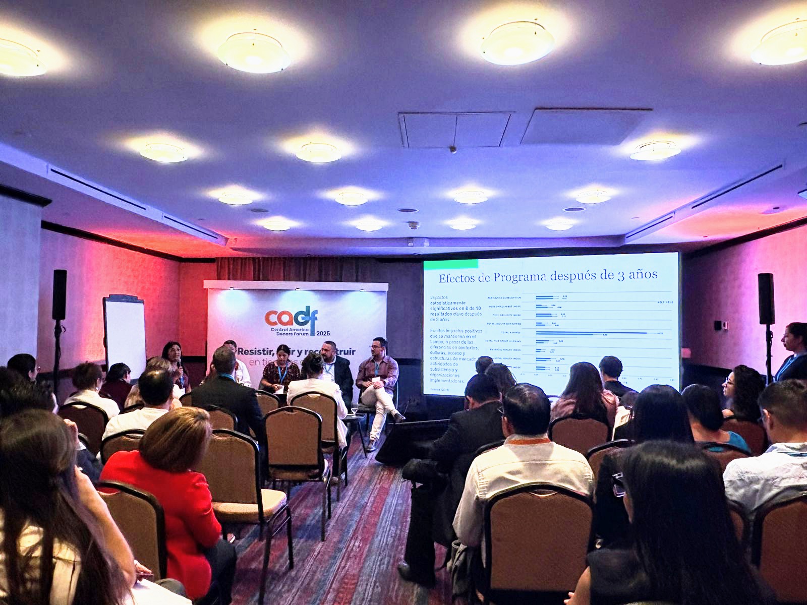 Presenters and audience during the panel session, with a projector screen showing a slide in Spanish being presented on the effects of the program after 3 years