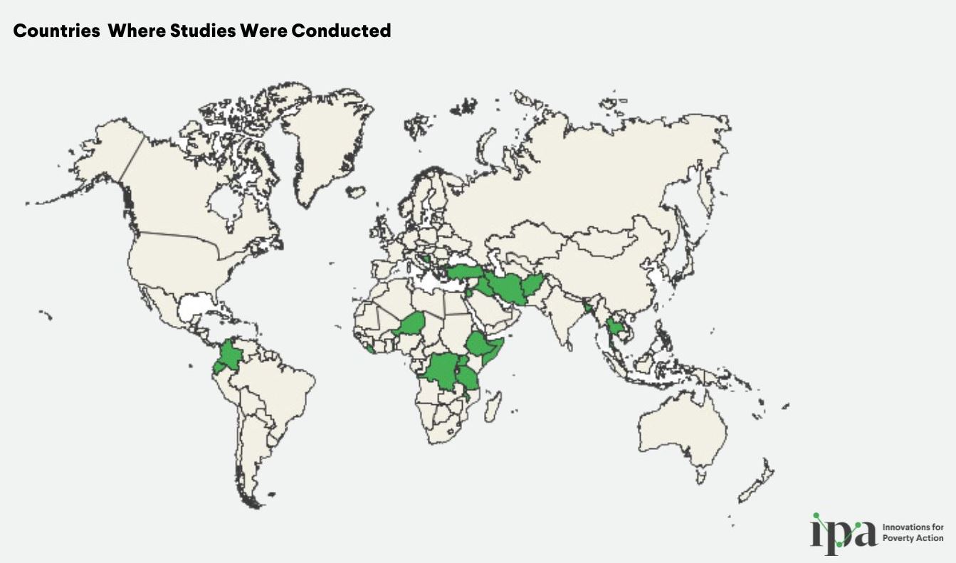 A map showing the countries where studies were conducted (in green)
