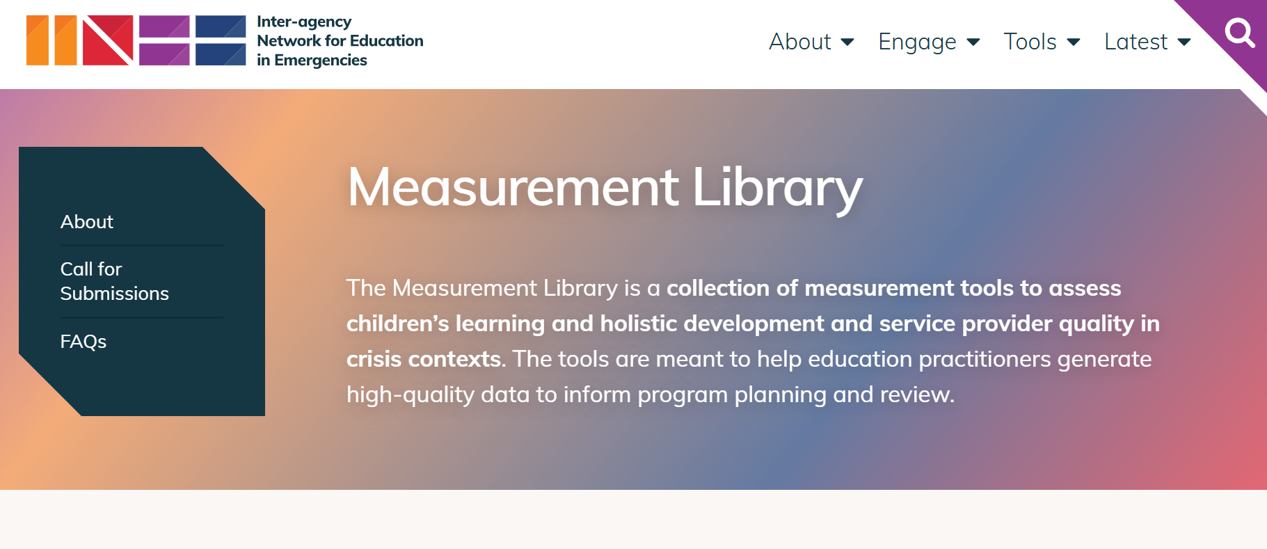 Screenshot of INEE Measurement Library website landing page