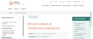 Screenshot of J-PAL website landing page for resources on ethical conduct of randomized evaluations