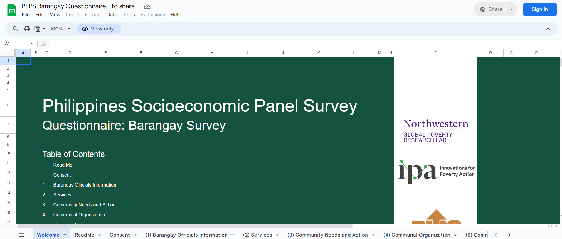 Screenshot of the first tab of the barangay questionnaire Google Sheet
