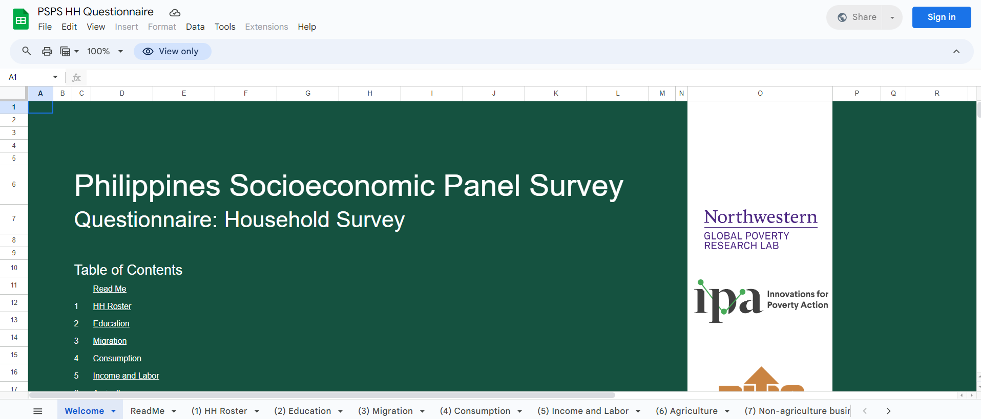 Screenshot of first tab of the PSPS household questionnaire Google Sheet
