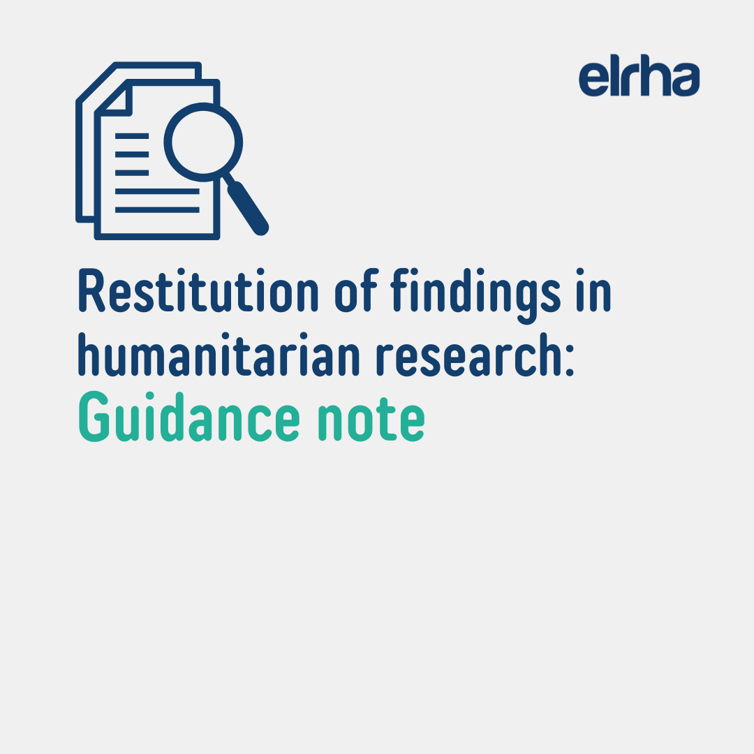 Thumbnail image from the ELRHA website showing the title of this publication as well as an icon of two sheets of paper with writing on the top sheet and a magnifying glass overlaid on top 