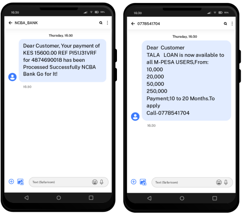 Text message showing a scam