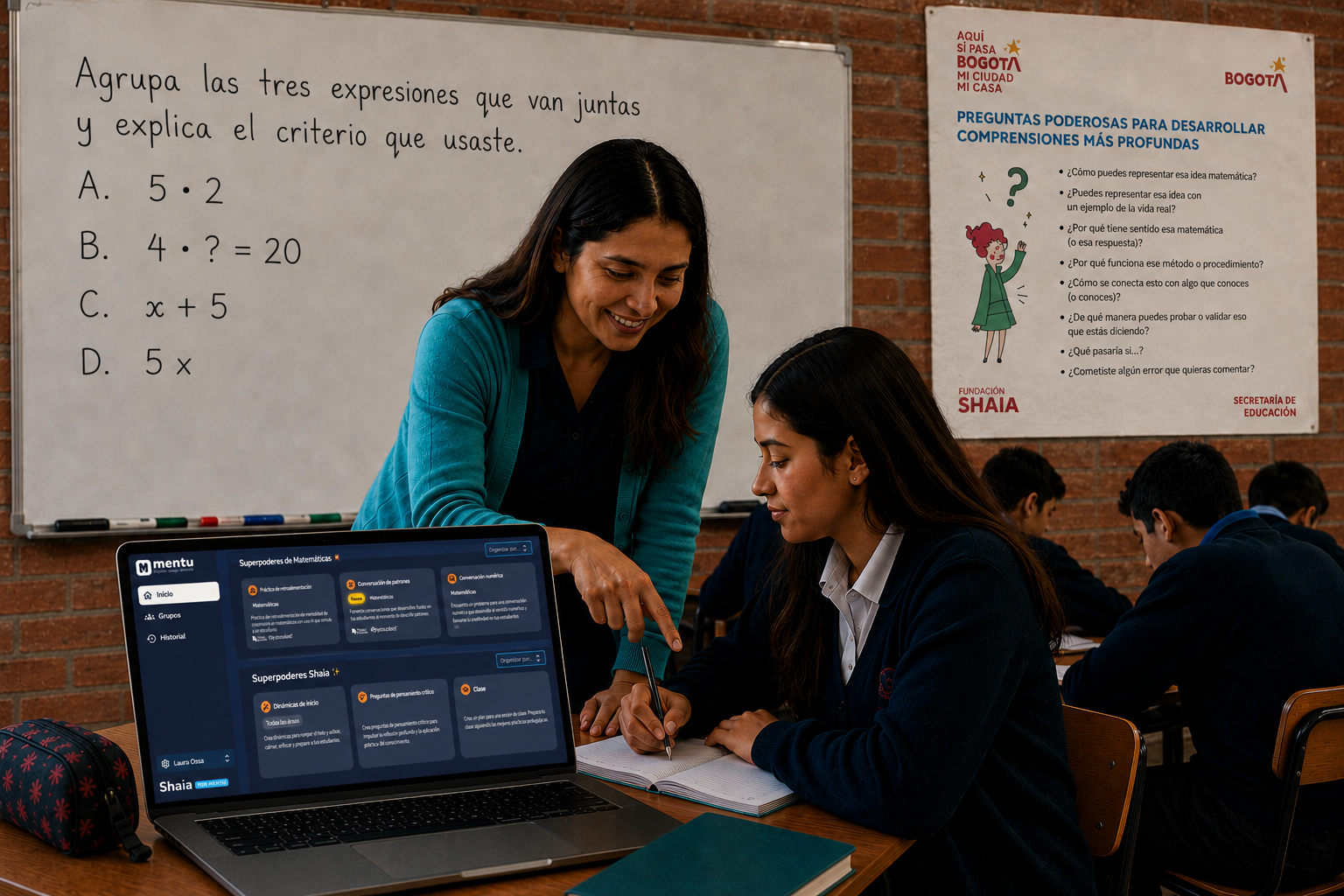 A teacher uses Shaia, an AI-powered lesson planning tool, during a mathematics lesson in Bogotá, Colombia.