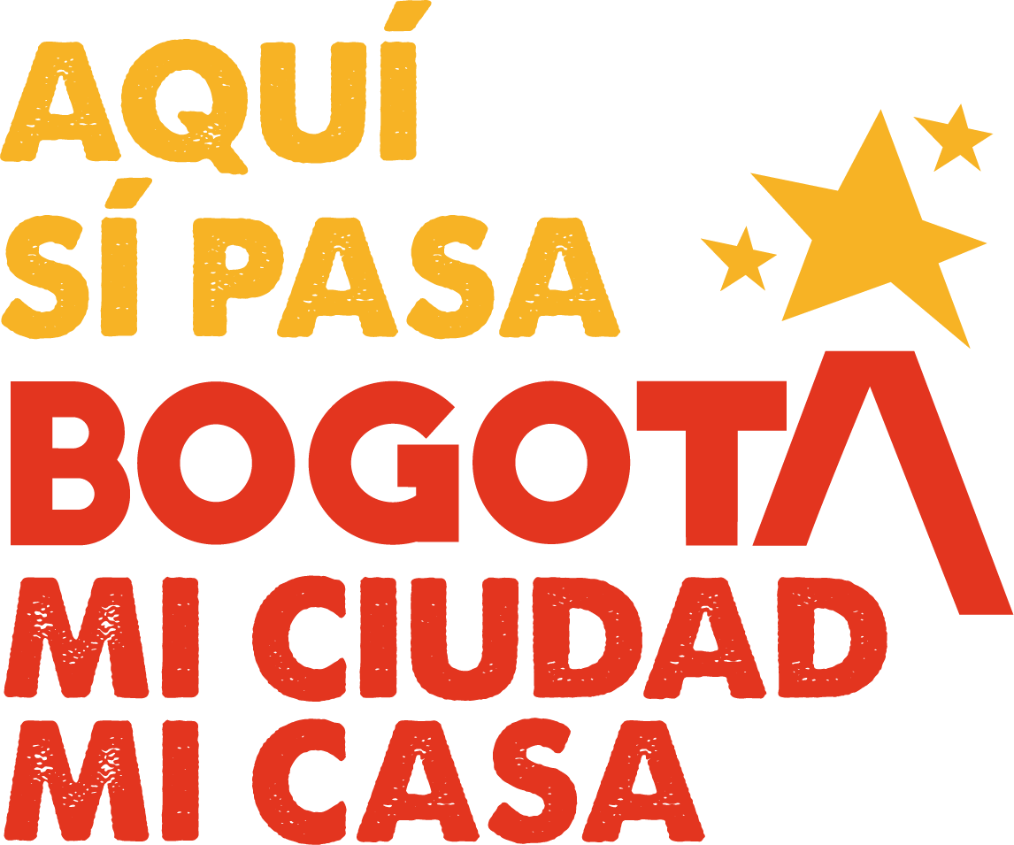 Logo in red and yellow that says, Aqui se pasa Bogota mi ciudad mi casa