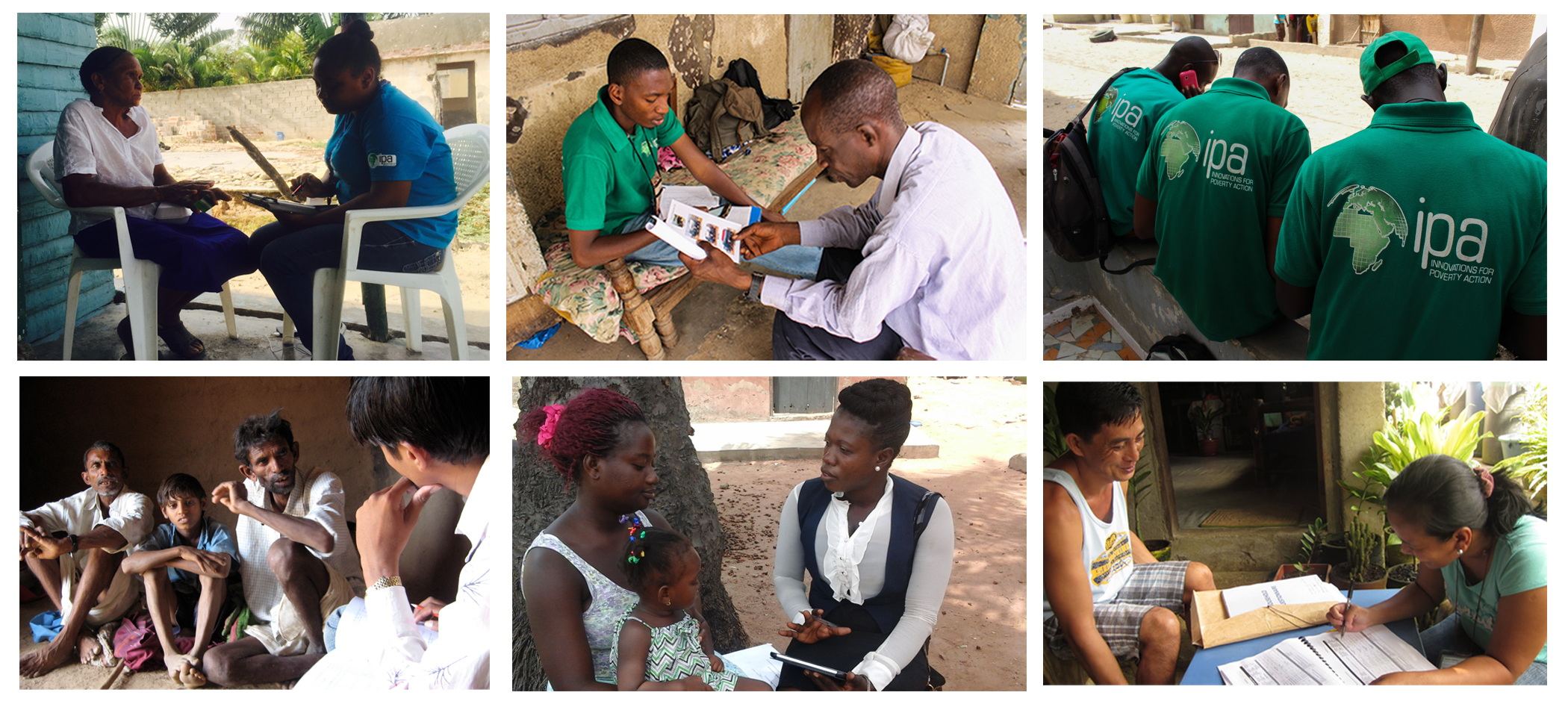 Collage of photos of IPA enumerators in the field in various settings and countries.