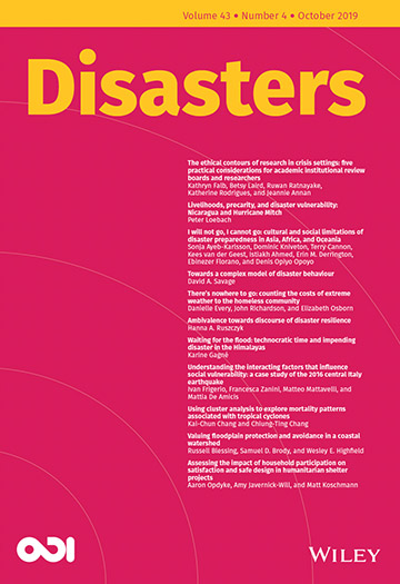 Thumbnail image from the cover of the academic journal where this paper appears (Disasters, Volume 43, Number 4, October 2019 issue)