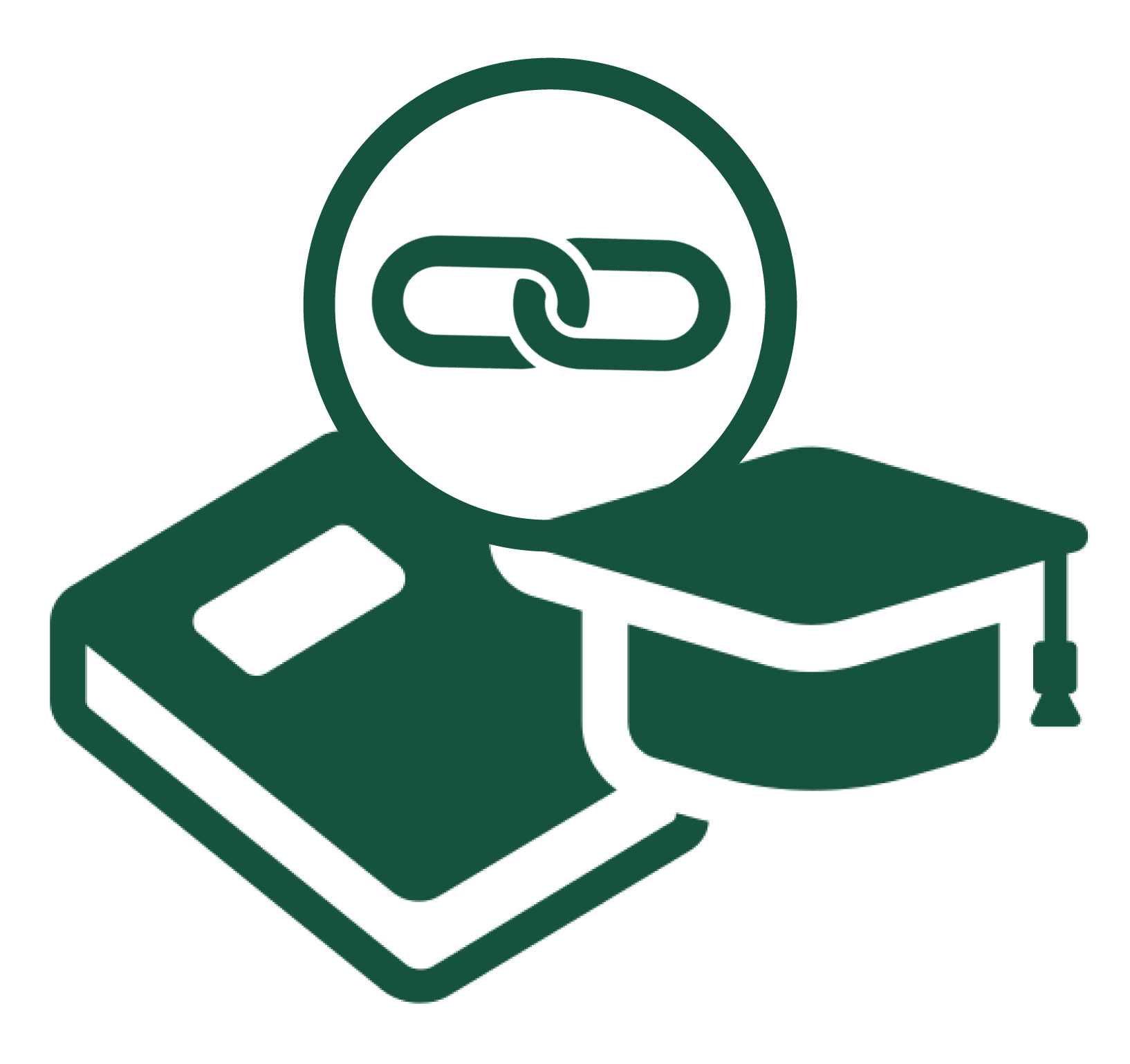 Icon of a book next to a graduation cap with a chain link inside a circle between them