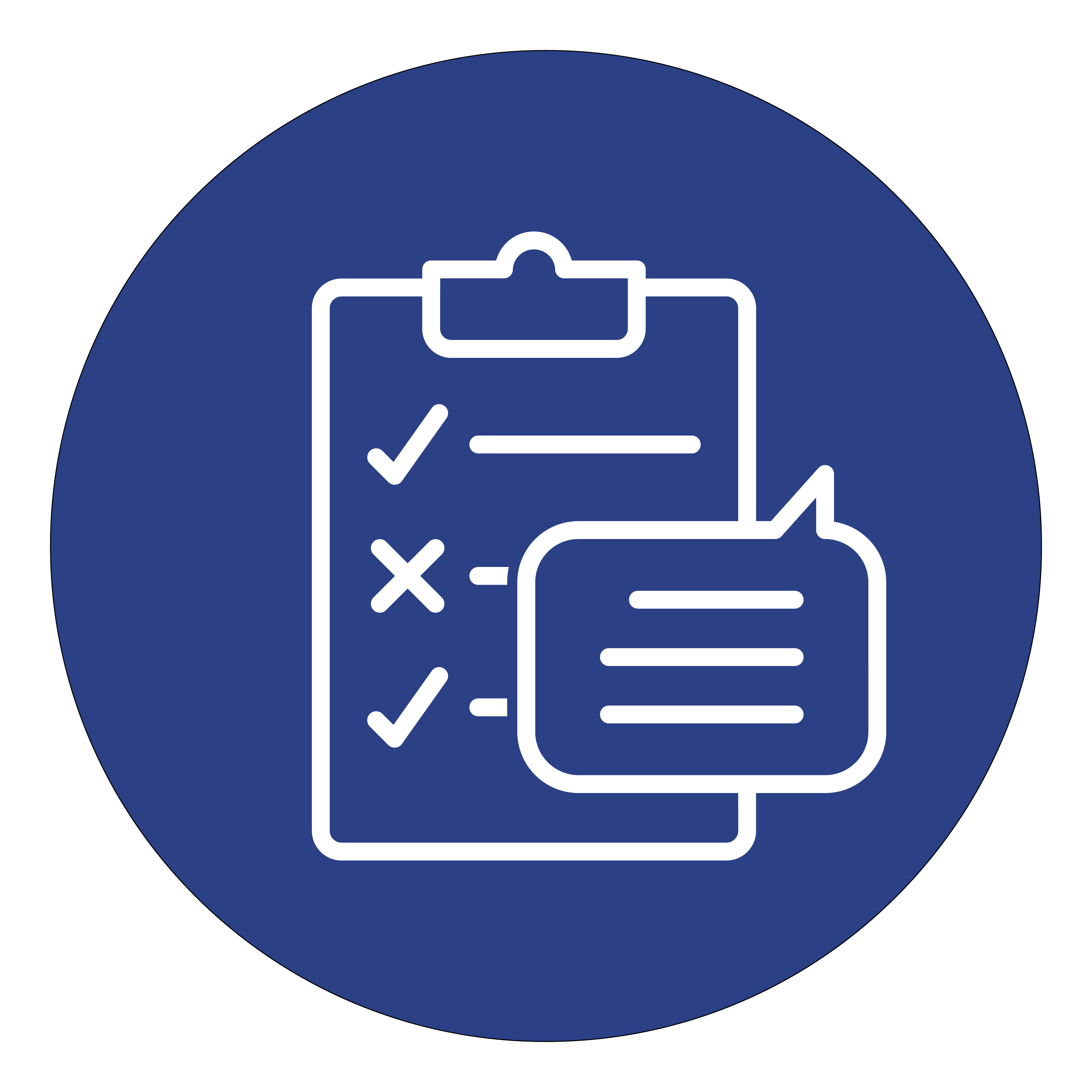 Icon in white on dark blue circular background of a clipboard with three listed items, two with checkmarks and one with an x-mark, overlapped in front on the right by a speech bubble containing lines of text