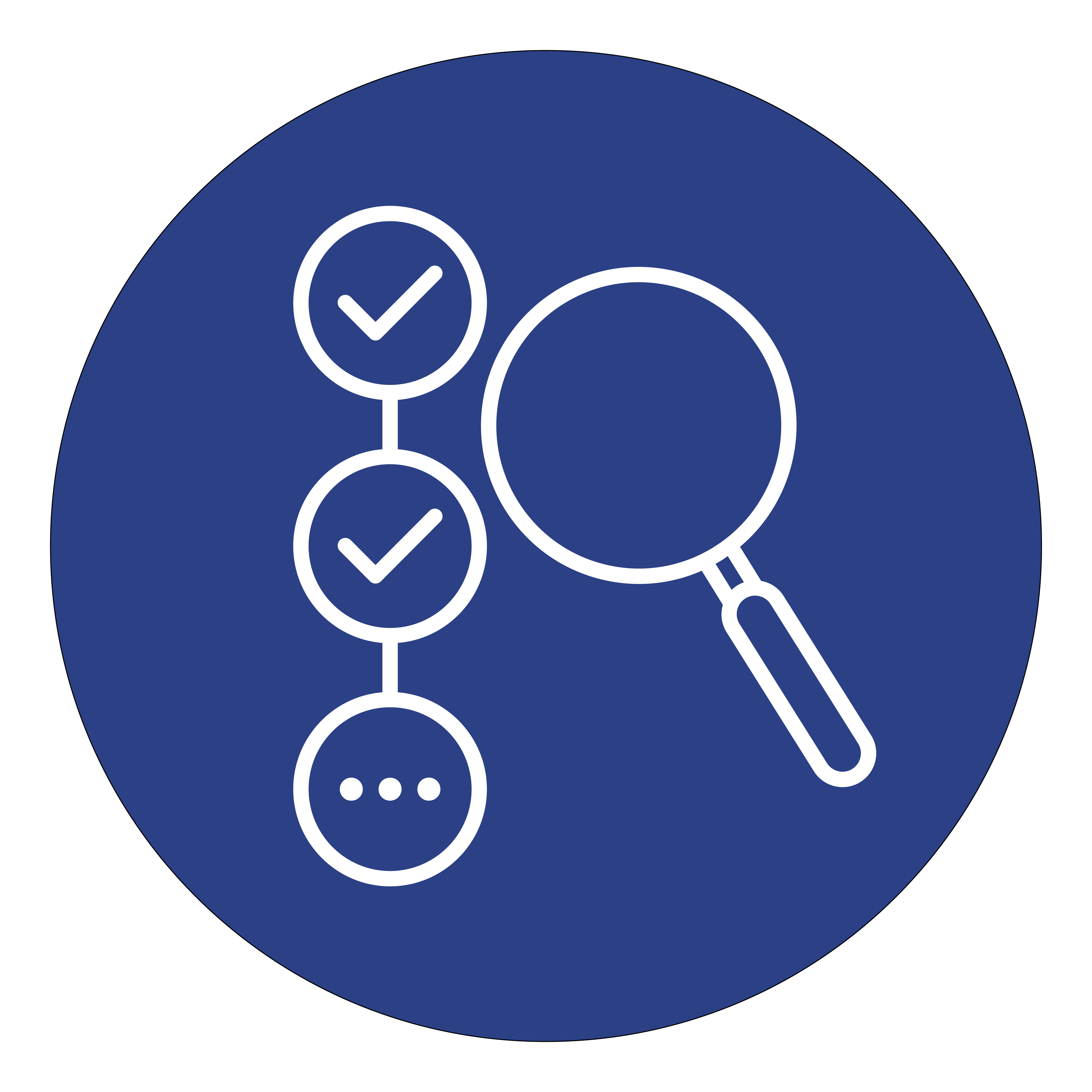 Icon in white on dark blue circular background of a magnifying glass on the right next to three connected circles stacked vertically on the left - the top two circles contain checkmarks and the third circle on the bottom contains an ellipsis