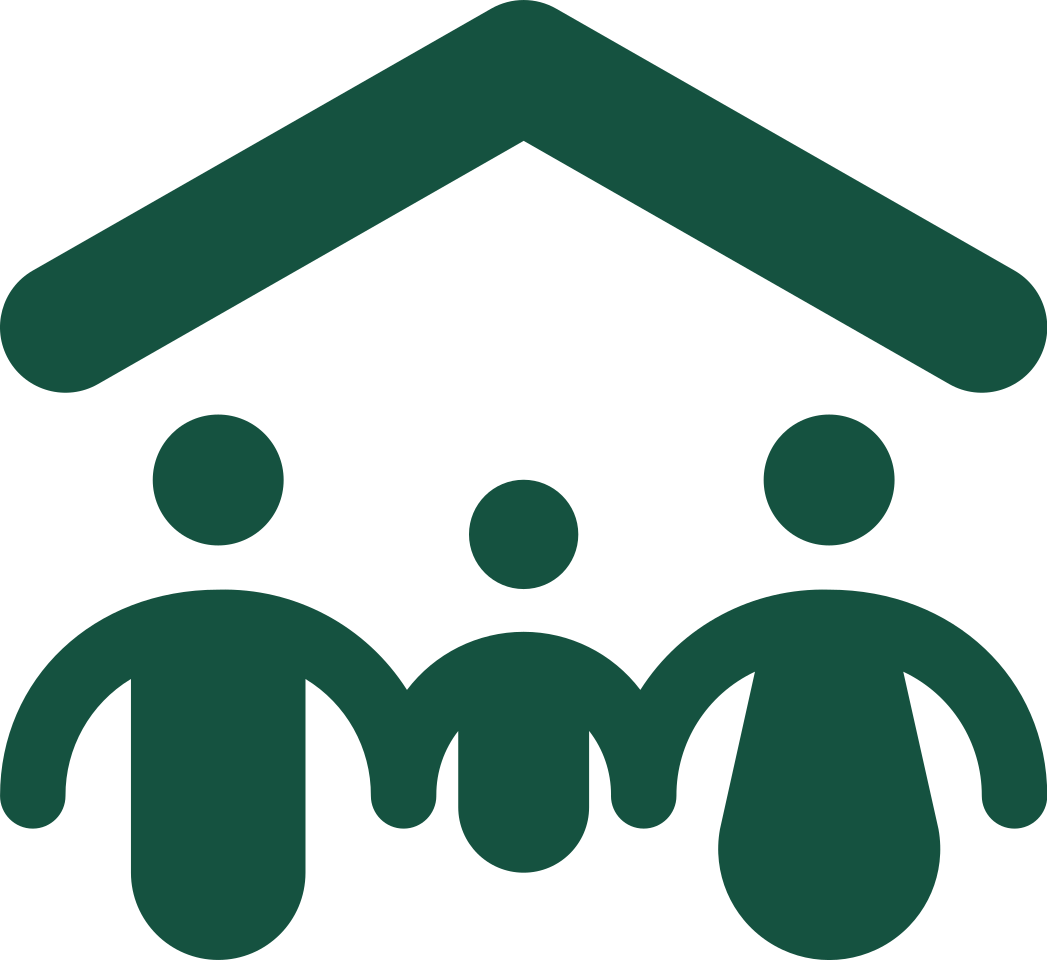 Icon of three people standing underneath the roof of a house