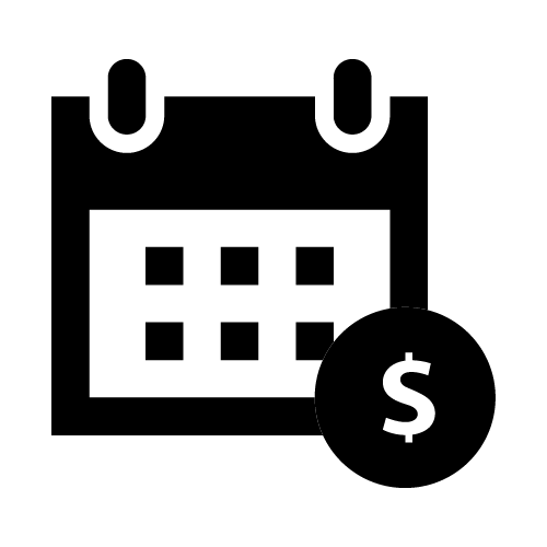 Icône d'un calendrier recouvert d'une icône circulaire contenant un signe dollar - utilisant les icônes de calendrier et de pièces d'iconmonstr