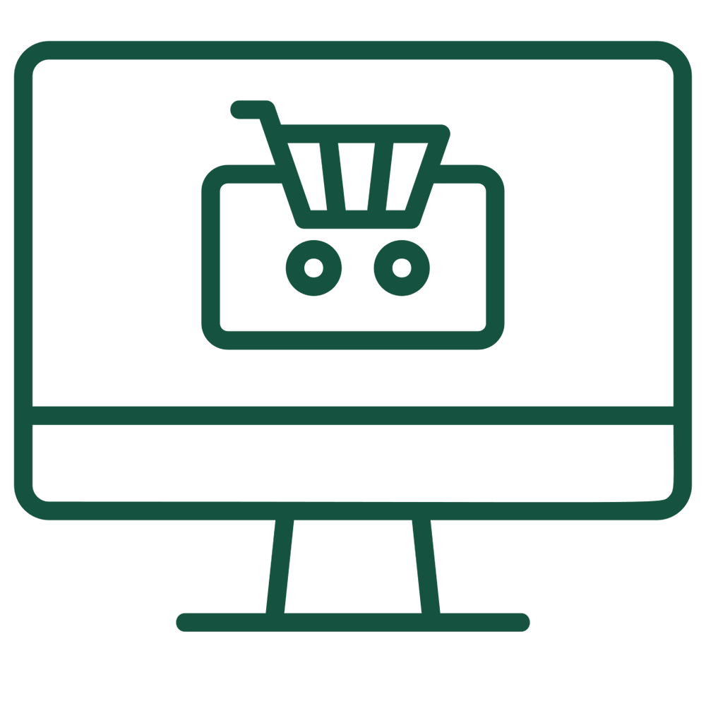 Icon in dark green of a computer monitor screen showing a picture of a shopping cart