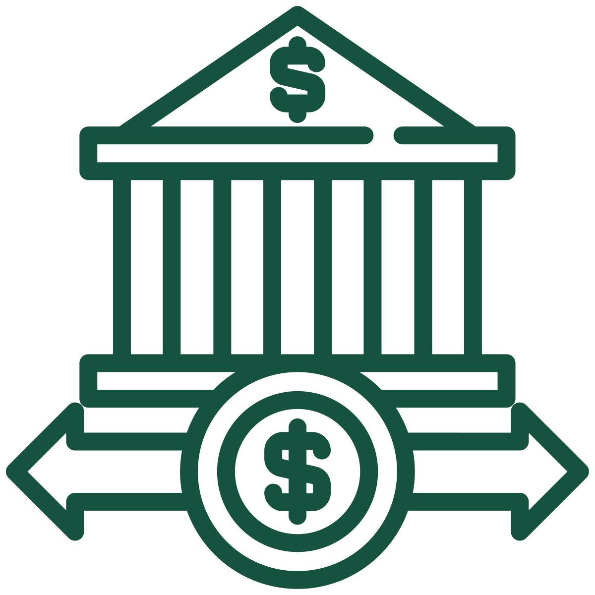 Icon of a bank above an icon of a dollar sign with arrows next to it pointing in both directions