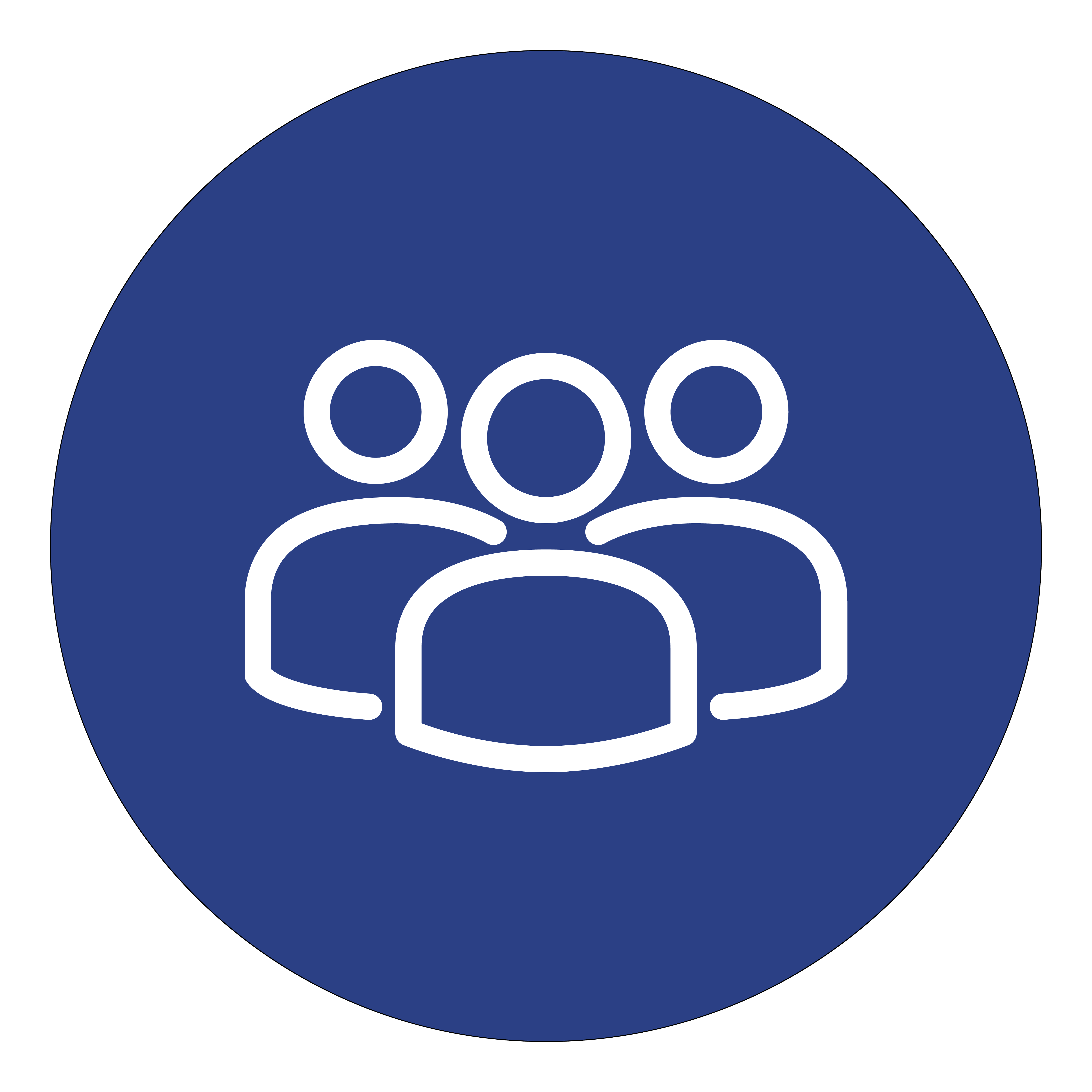 Icon in white on dark blue circular background of three people standing in a group