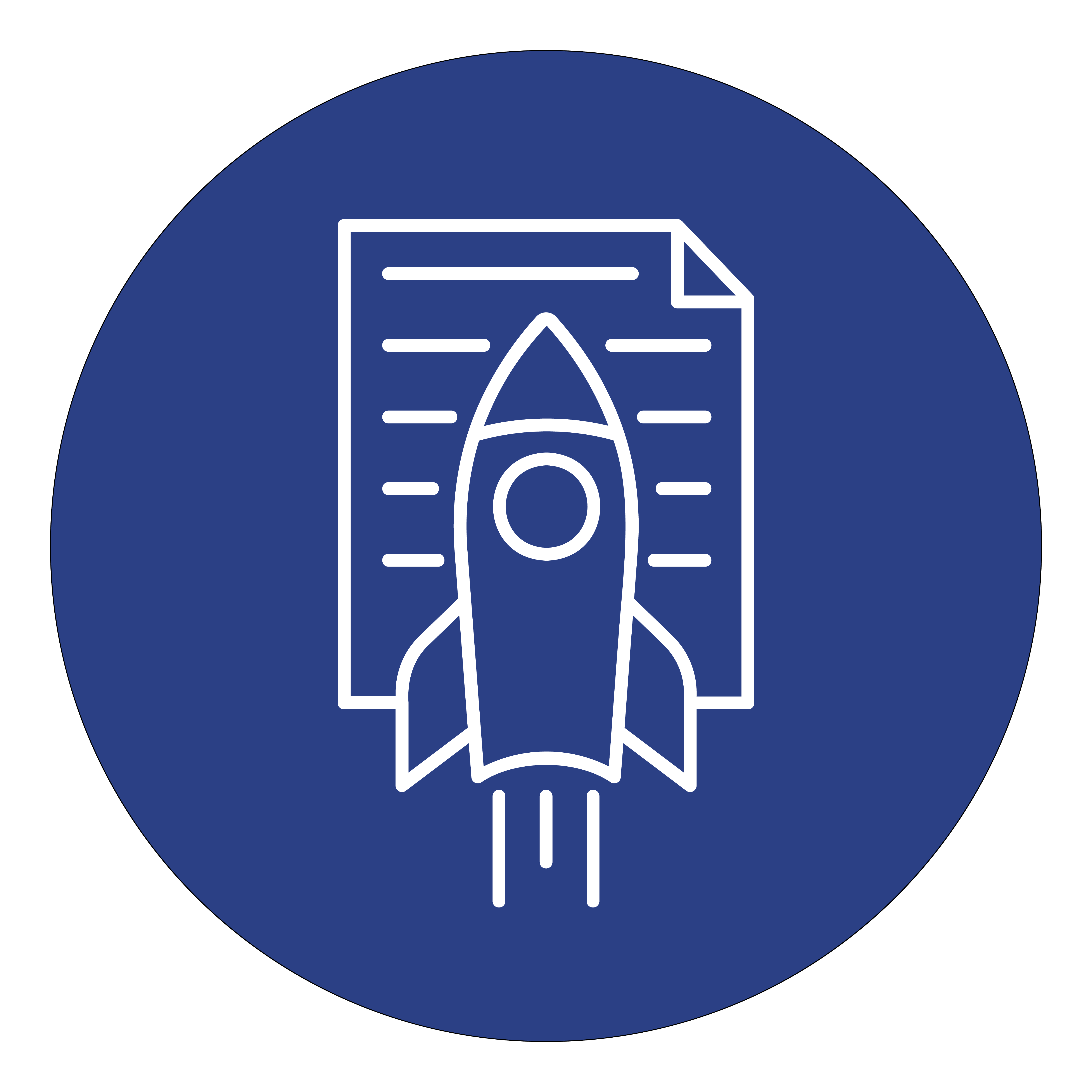Icon in white on a blue circular background of a rocket launching in front of a sheet of paper with lines of text on it