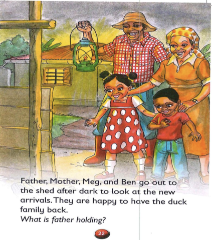 Un libro de cuentos para niños pequeños de Kenia. Las preguntas que los padres pueden abordar con su hijo están escritas en cursiva.