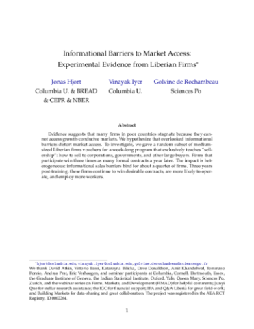 Document de travail - Obstacles informationnels à l'accès au marché : preuves expérimentales d'entreprises libériennes