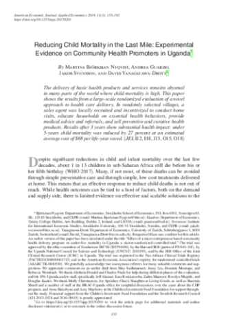 Réduire la mortalité infantile dans le dernier kilomètre : données expérimentales sur les promoteurs de la santé communautaire en Ouganda