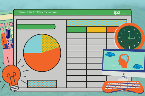 Illustration of graphs, lightbulbs, and spreadsheets depicting cost-effectiveness analysis process. © IPA / Rut Nastiti