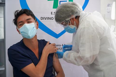 A person receiving a Pfizer COVID-19 vaccine in Sopo, Colombia. © 2021 haroldparraga on Shutterstock