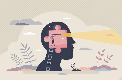 Ilustración de una persona que mira a través de un microscopio mientras está de pie dentro de la silueta de la cabeza de una persona cuyo cerebro tiene la forma de una pieza de rompecabezas.