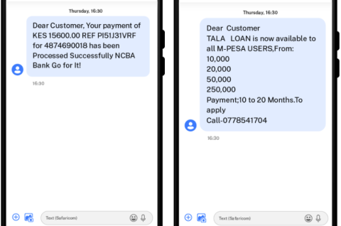 Screenshots of examples of scam text messages