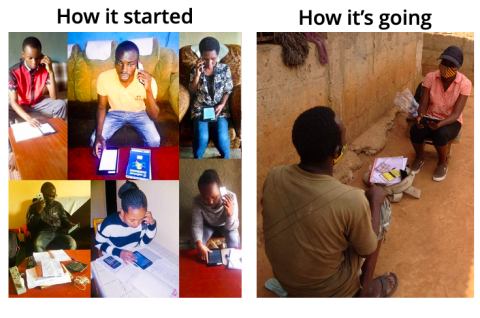 "How it started and how it's going" - How it started on the left is a photo collage of IPA staff conducting phone surveys; How it's going on the right is a photo of an IPA enumerator conducting a socially distanced survey with a participant while they are both wearing face masks