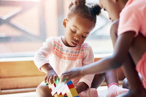 Photo of a young girl and boy playing with blocks. Credit: Yuri A via Shutterstock