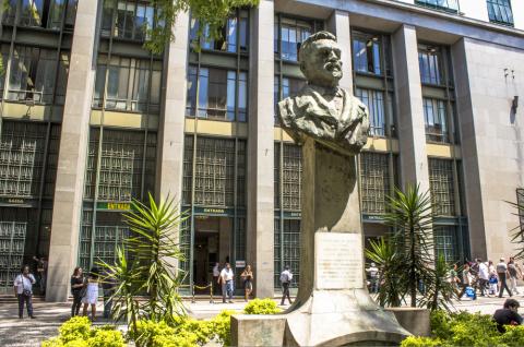 Joao Mendes Square and entrance of Forum Joao Mendes, downtown Sao Paulo, Brazil. © 2015 Alf Ribeiro