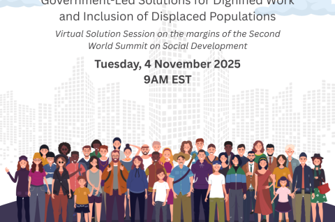 Canva flyer with event title above an illustration of people standing in front of a skyline of buildings