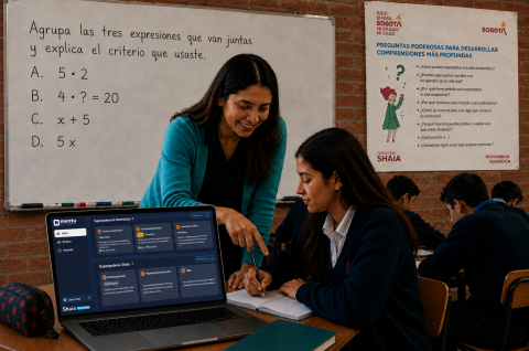 A teacher uses Shaia, an AI-powered lesson planning tool, during a mathematics lesson in Bogotá, Colombia.
